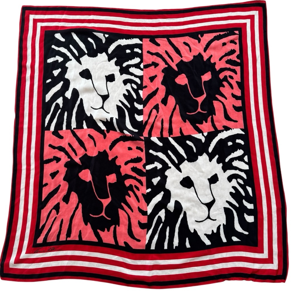 Anne Klein Red Black White Silk Signature Lion Striped Square Scarf
